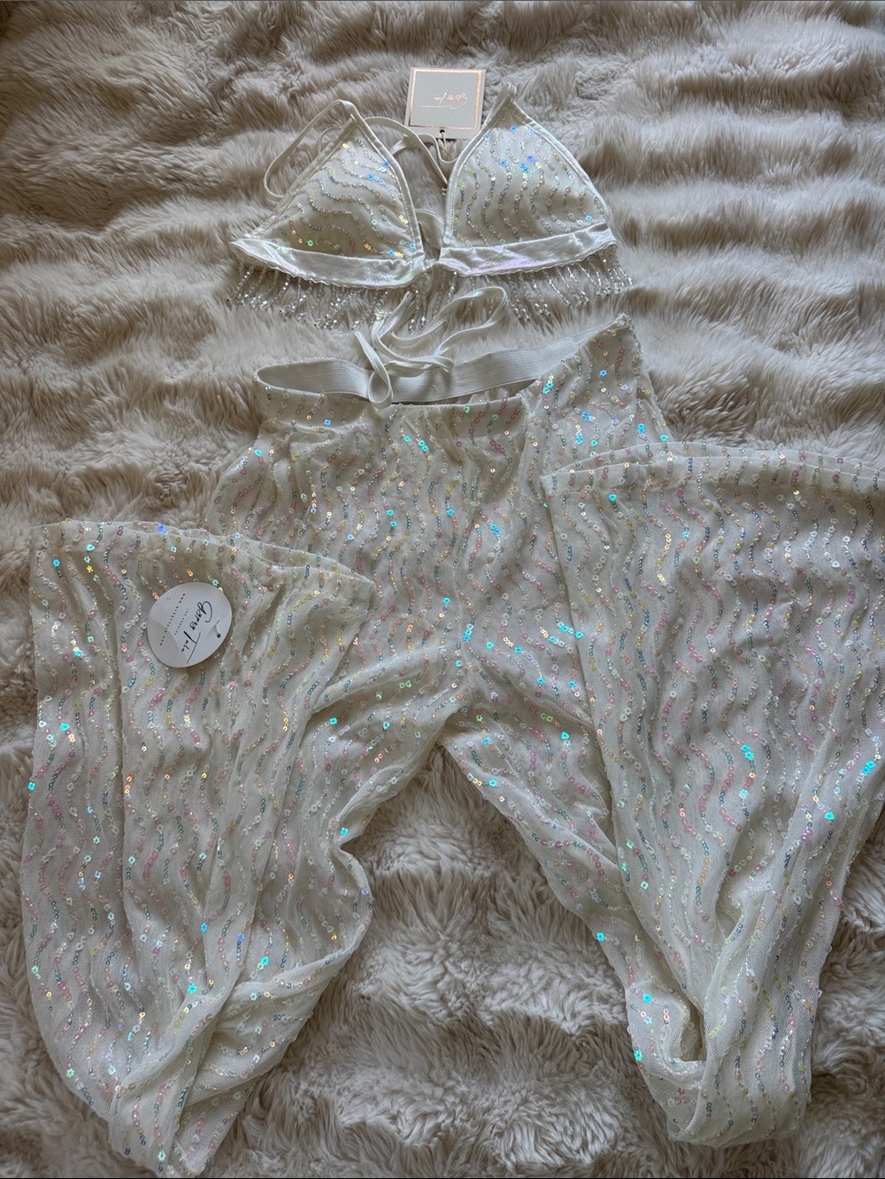 Iridescent White Sequin Bandeau Set with Sheer Cover-Up